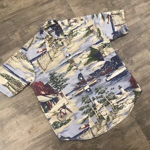 Vintage Nautica Men All Over Print AOP‎ Button Down Shirt Size Medium Linen